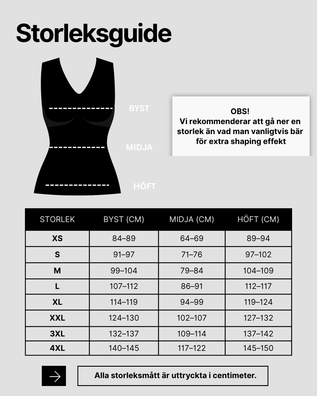 Storleksguide för Formande bodysuit med djup urringning och inre clips