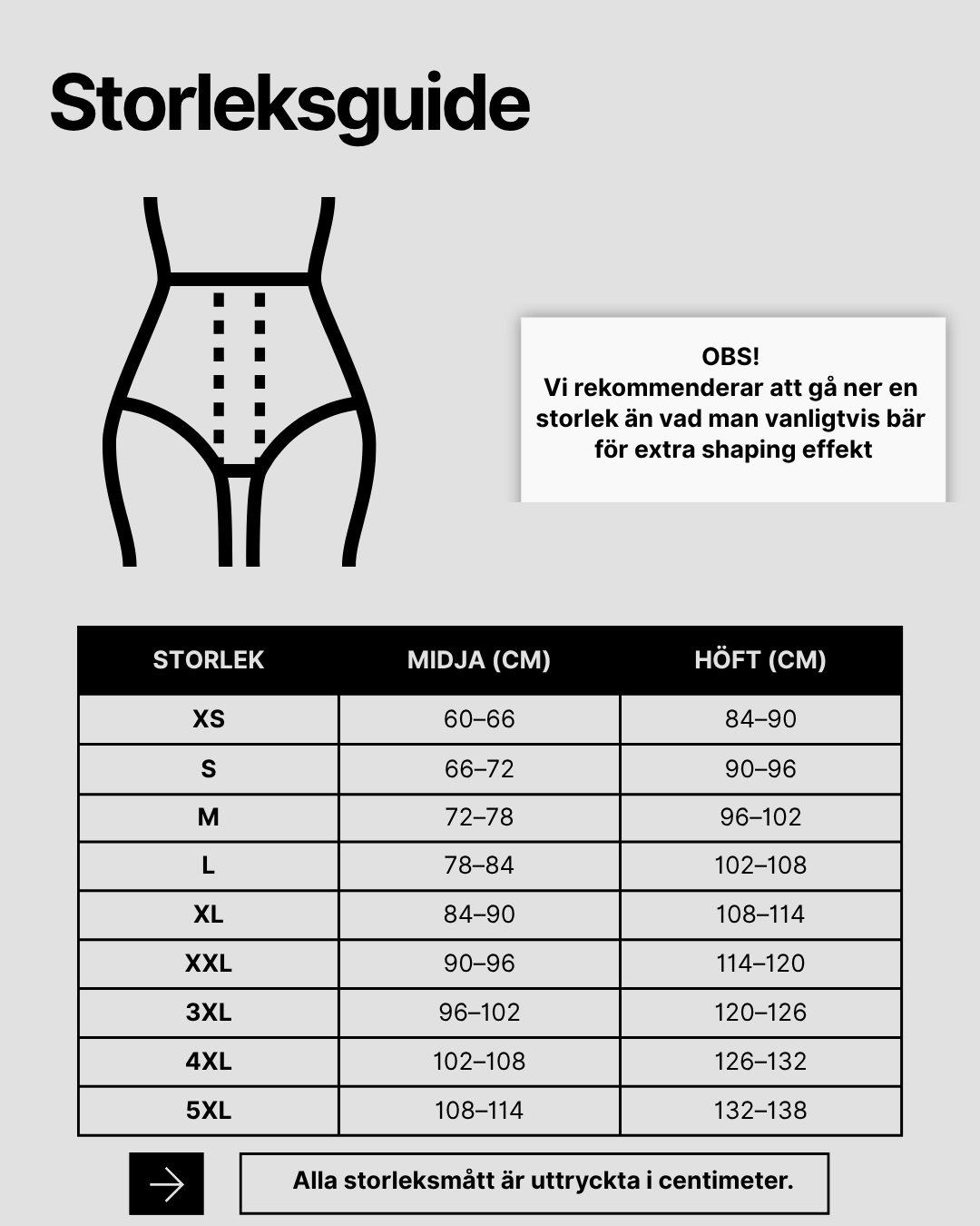 Storleksguide för Waist & butt shaper med hög midja och uttagbara inlägg