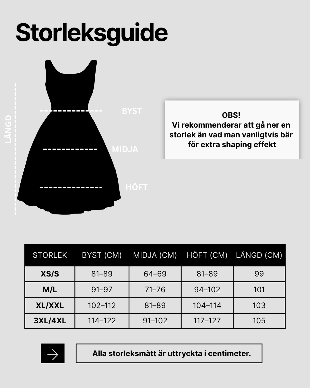 Storleksguide för Sömlös Skjortklänning Shaping