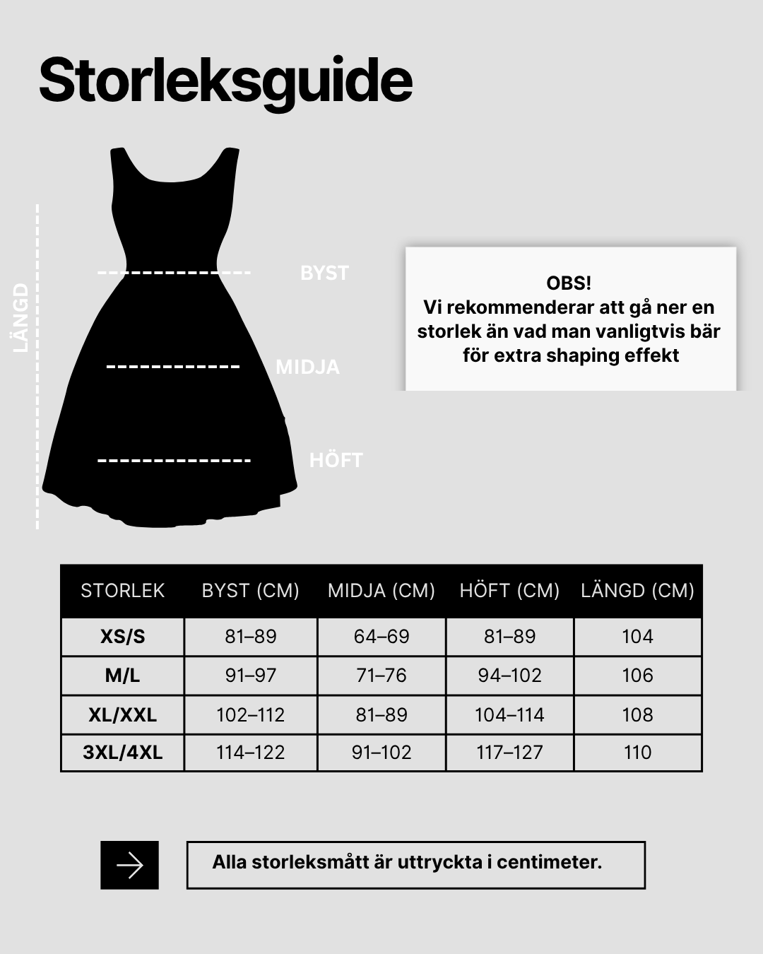 Storleksguide för U-Back Shaping Klänning