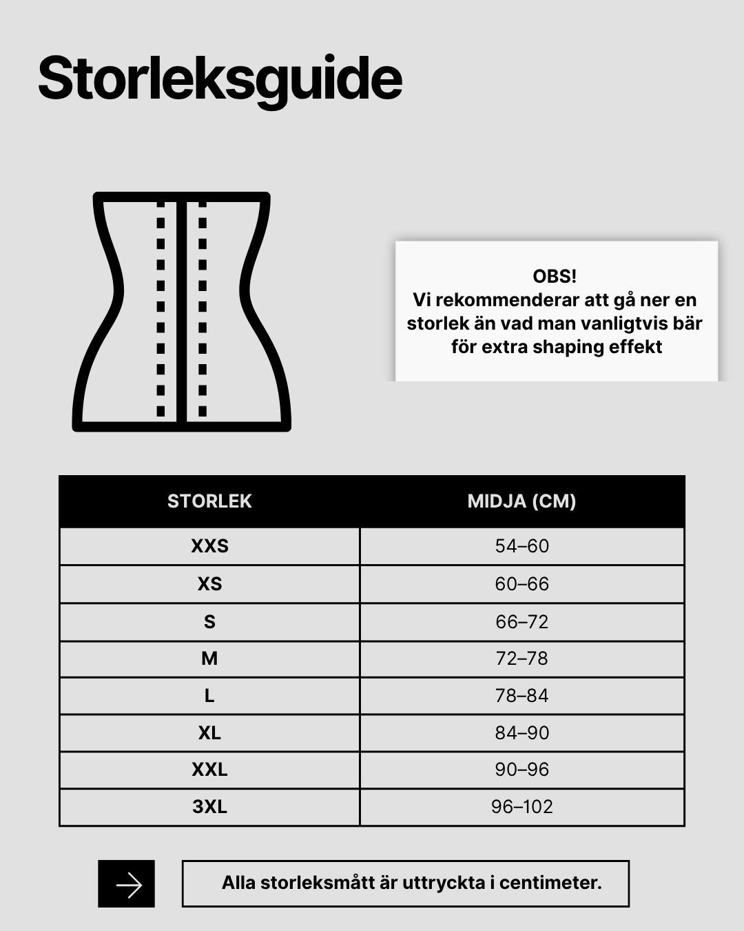 Storleksguide för Waist trainer med hög kompression och magkontroll